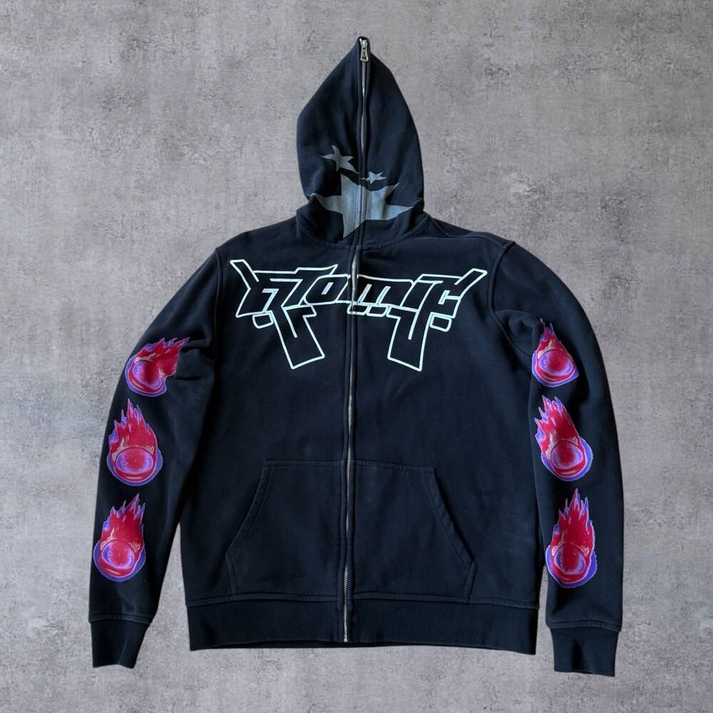 ATOMIC Full Zip Star Hoodie Mens Small Black Y2K Cybercore Sleeve Fireball Goth